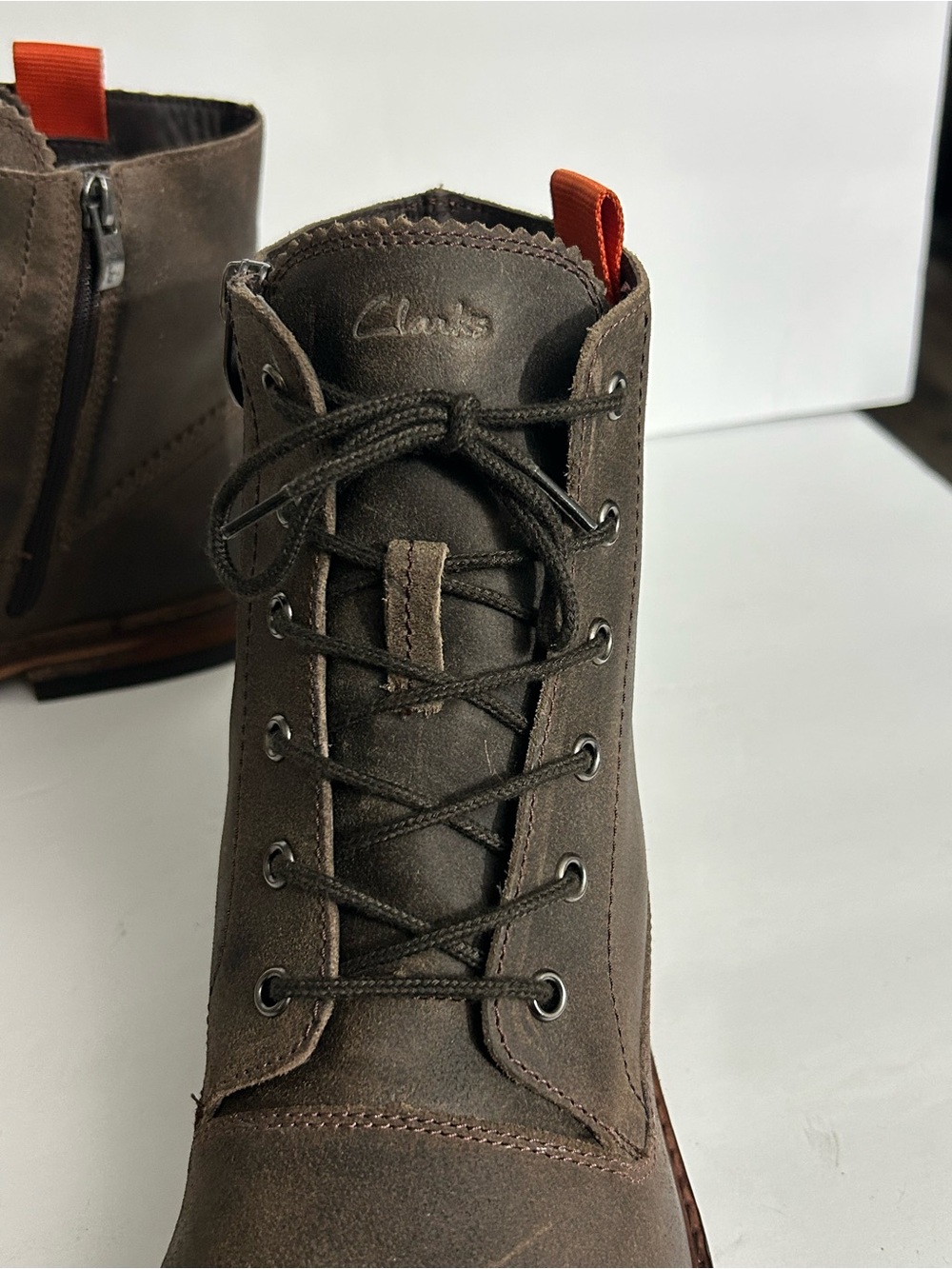 Men's Brown Lace-Up Leather Boots with Orange with Side Zipper by Clark’s - Picture 5 of 10